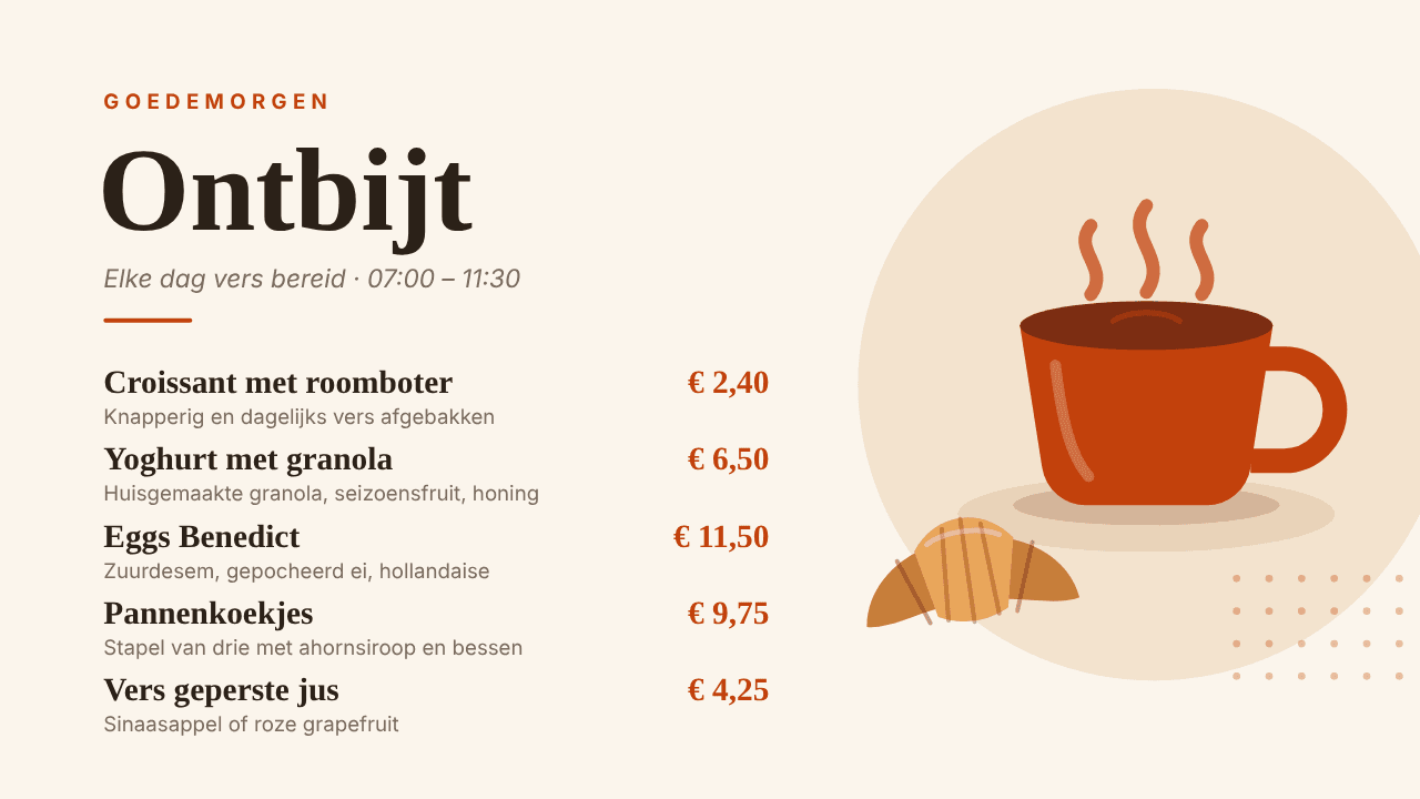 De TB-cast player toont het ontbijtmenu van de bakkerij op een liggend scherm